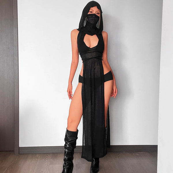 Shadow Veil Hooded Maxi Dress - Sheer Mesh High-Slit Cover-Up