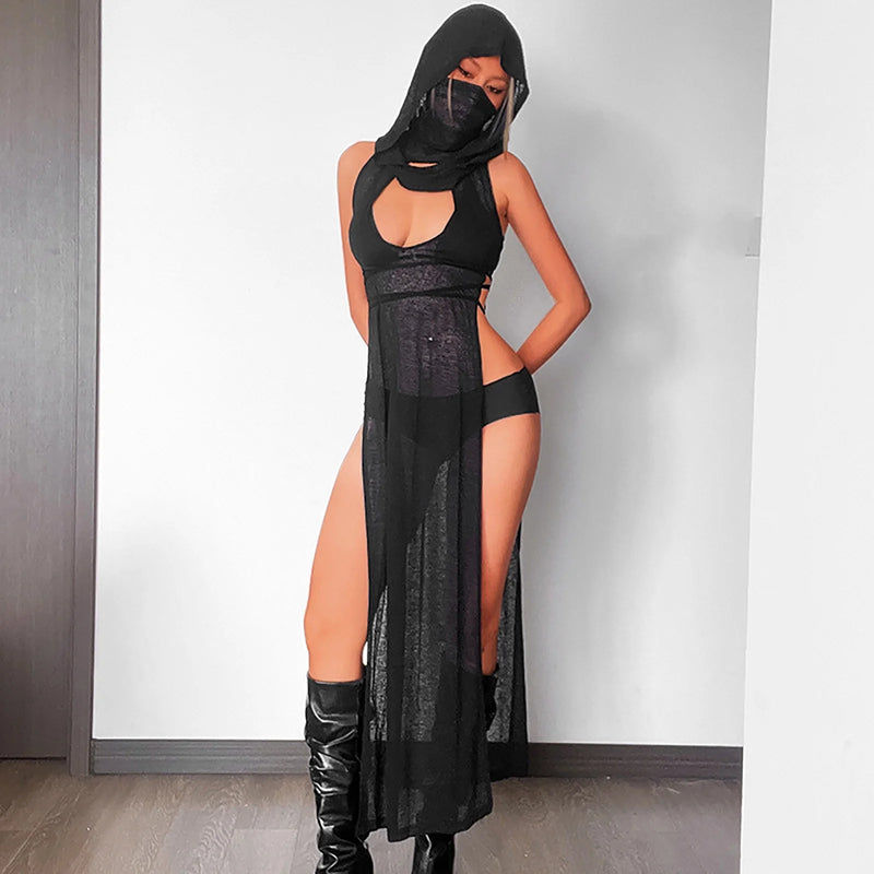Shadow Veil Hooded Maxi Dress - Sheer Mesh High-Slit Cover-Up
