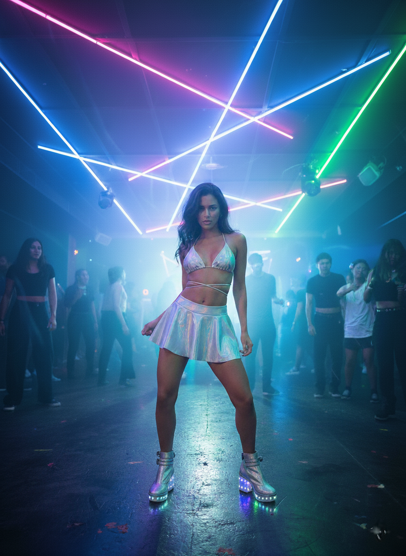 FYMNSI Women's Rave Set – Holographic Metallic Bra Top & Tassel Skirt for Festivals, Dance, and Club Parties