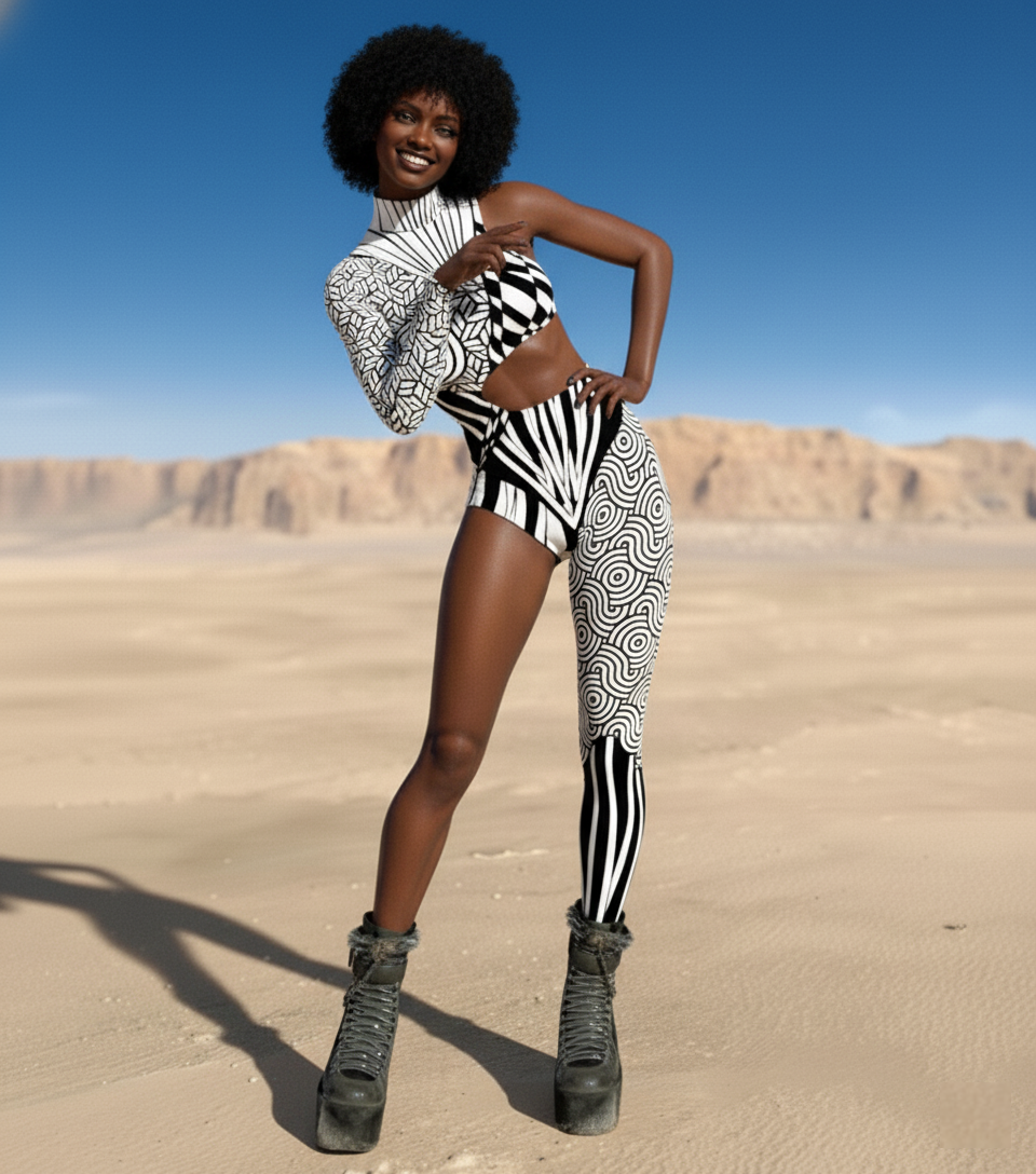 Monochrome Mirage Catsuit – Black & White Geometric Festival Statement