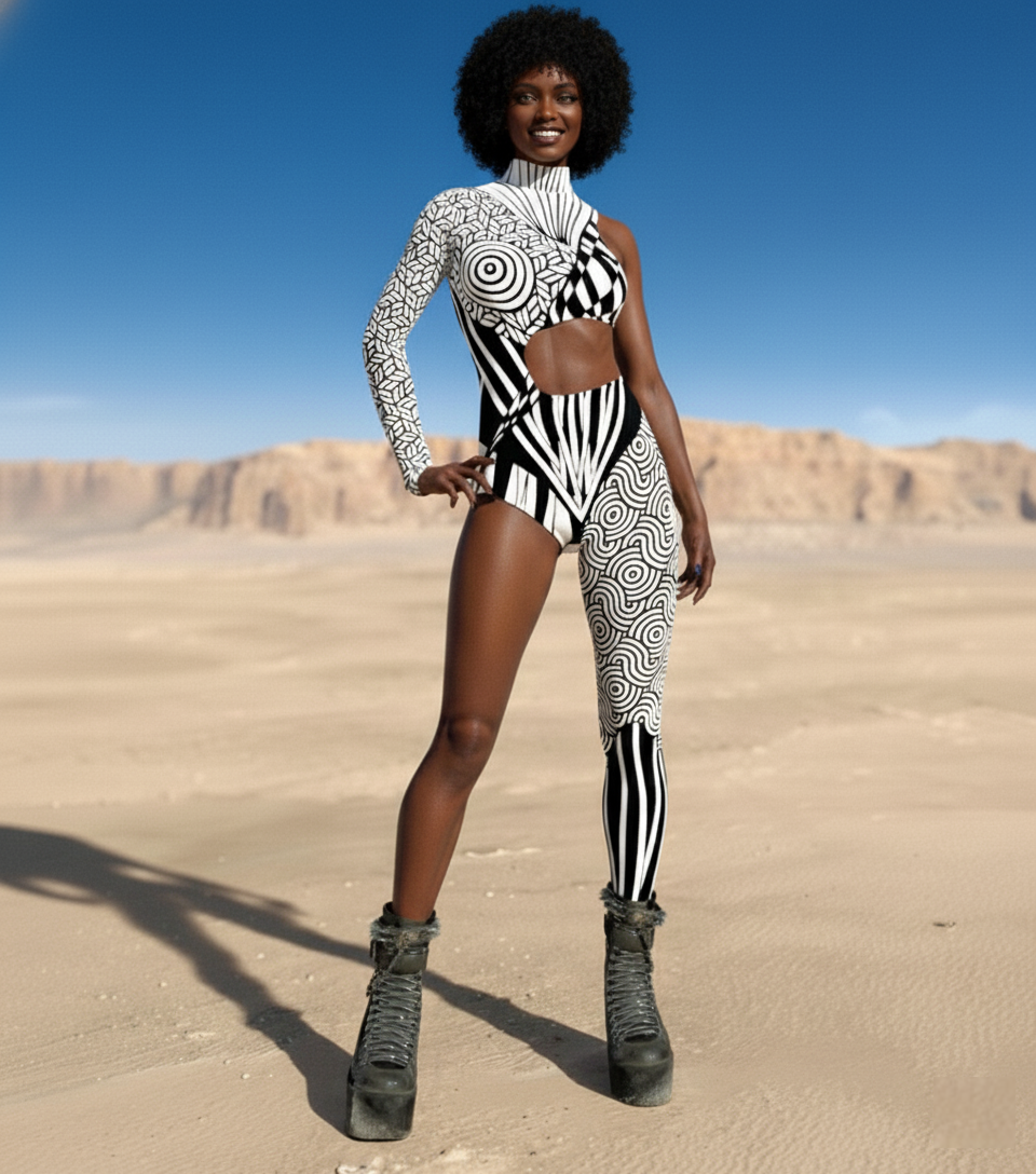 Monochrome Mirage Catsuit – Black & White Geometric Festival Statement