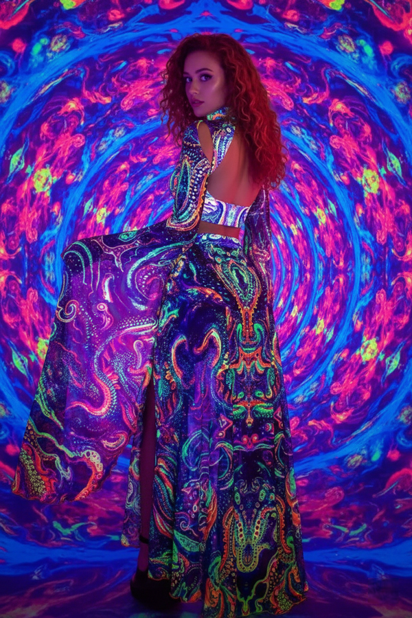 Electric Empress Psychedelic Festival Set | Slit-Sleeve Keyhole Crop Top & High-Cut Skirt/Booty Shorts Combo