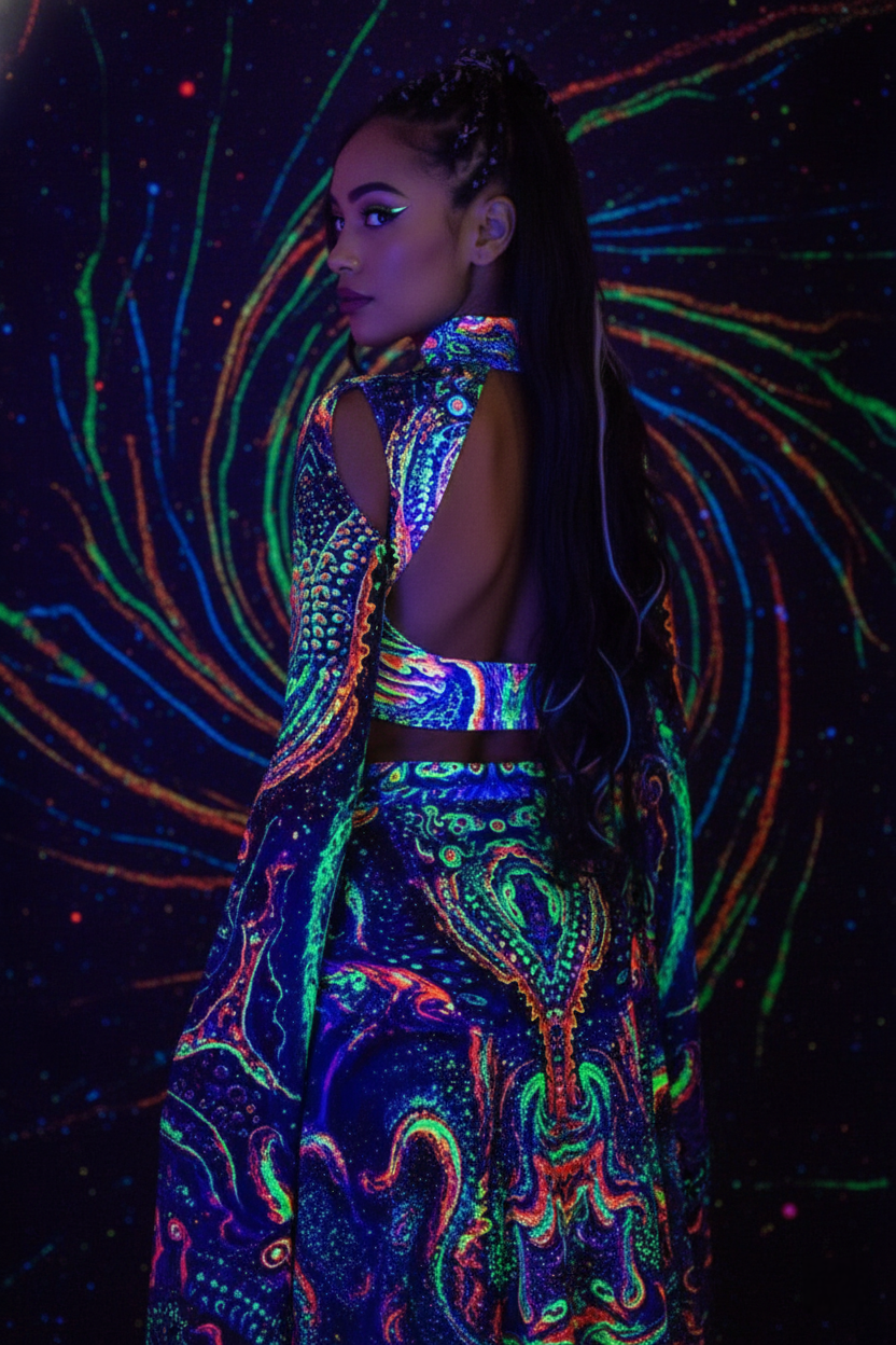 Electric Empress Psychedelic Festival Set | Slit-Sleeve Keyhole Crop Top & High-Cut Skirt/Booty Shorts Combo