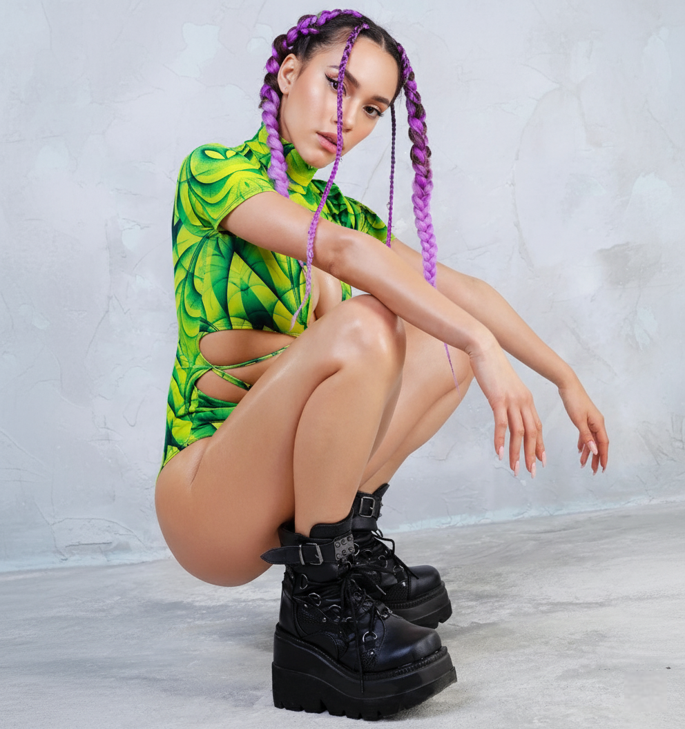 Electric Jungle Siren Set – Green Fractal Crop Top & High-Waist Festival Bottoms
