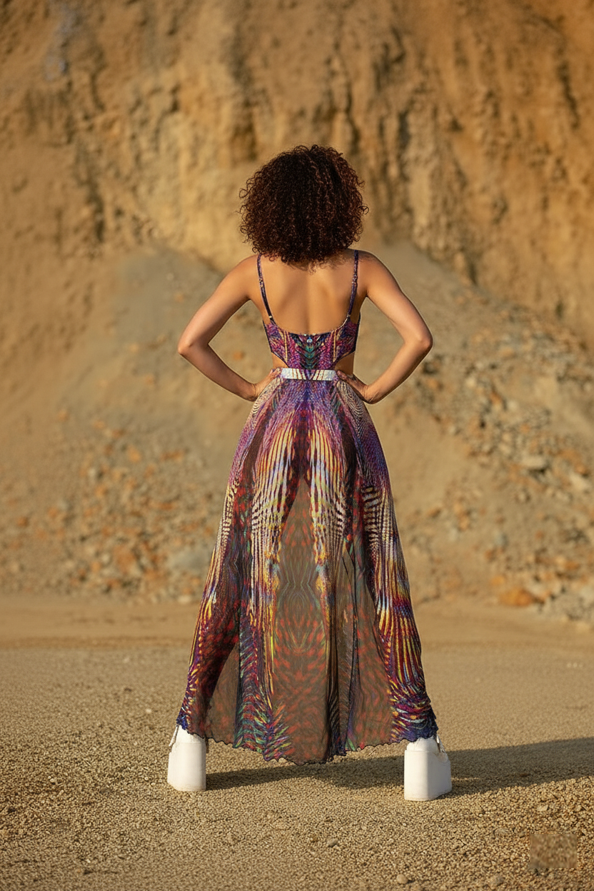 3-Piece Cosmic Siren Set: Holographic Bodysuit, Detachable Mesh Flares & Thigh-Highs | Limited Edition Rave