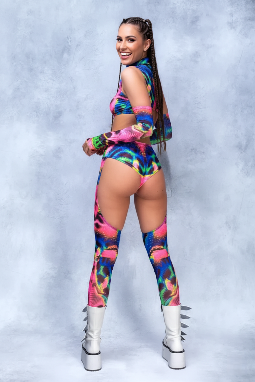Electric Jungle Cutout Bodysuit Set - Neon Abstract Festival Rave Outfit