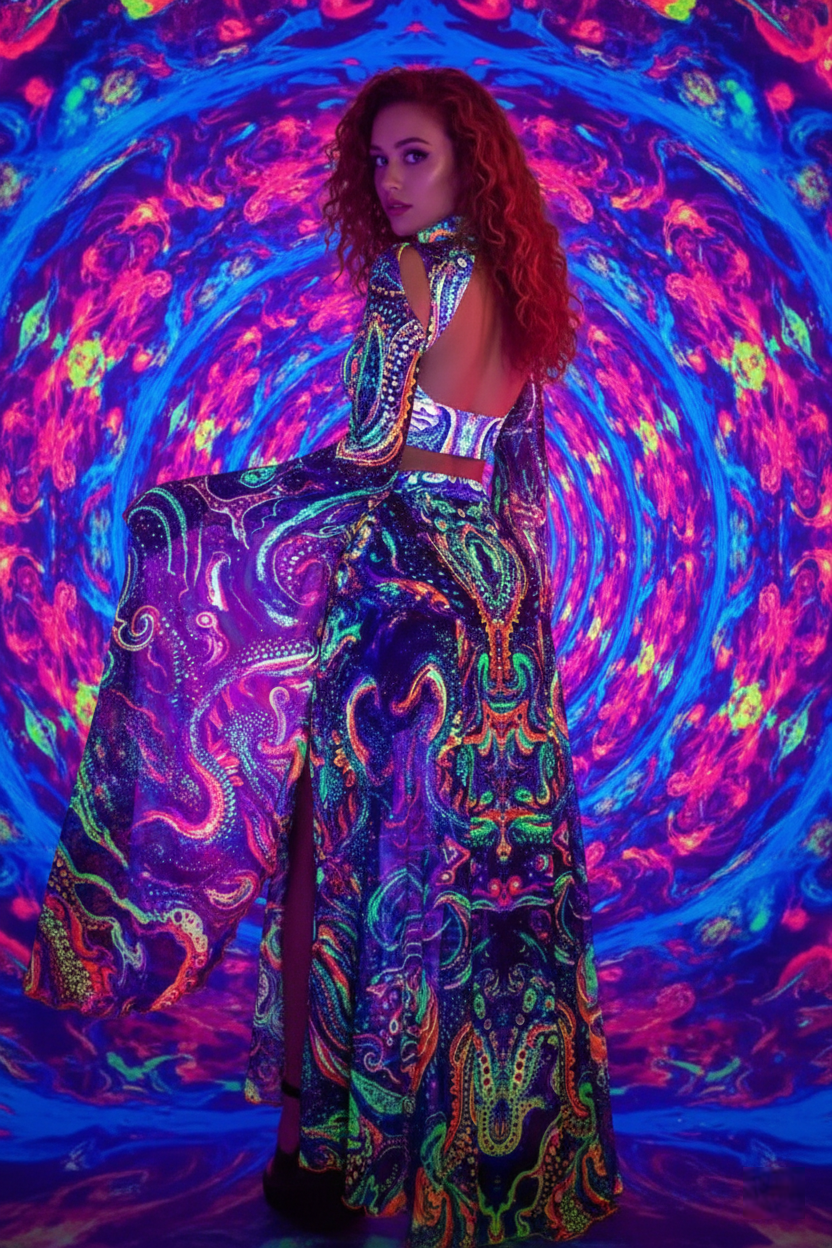 Electric Empress Psychedelic Festival Set | Slit-Sleeve Keyhole Crop Top & High-Cut Skirt/Booty Shorts Combo
