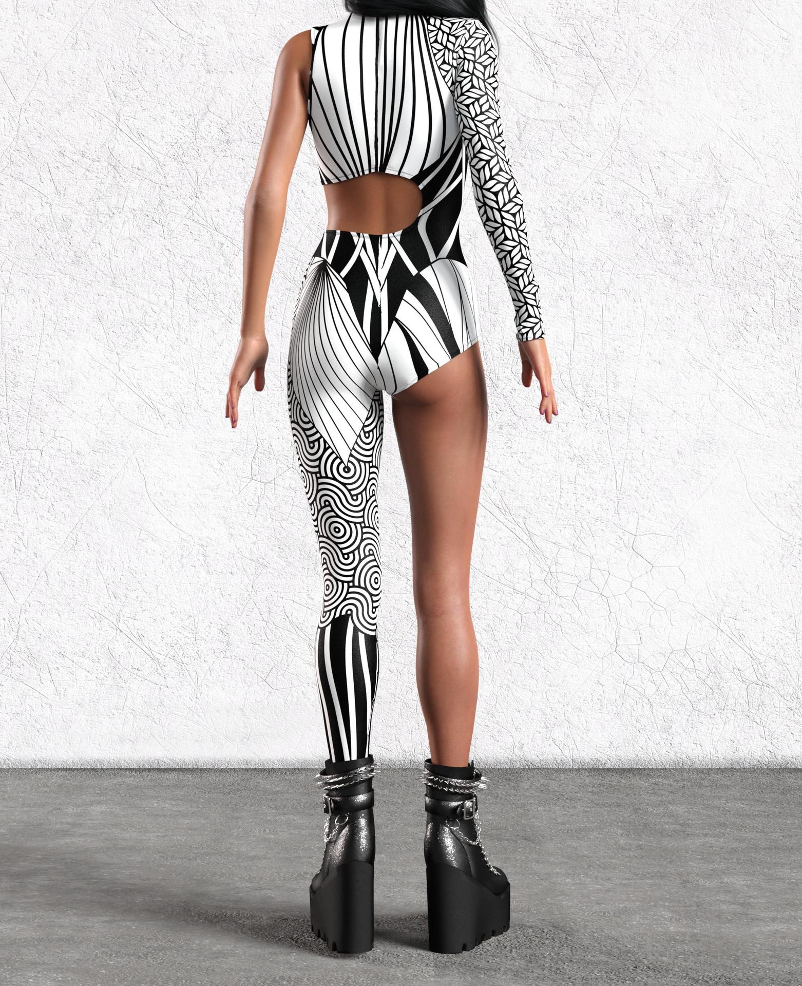 Monochrome Mirage Catsuit – Black & White Geometric Festival Statement