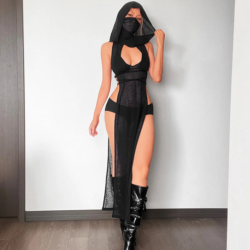 Shadow Veil Hooded Maxi Dress - Sheer Mesh High-Slit Cover-Up