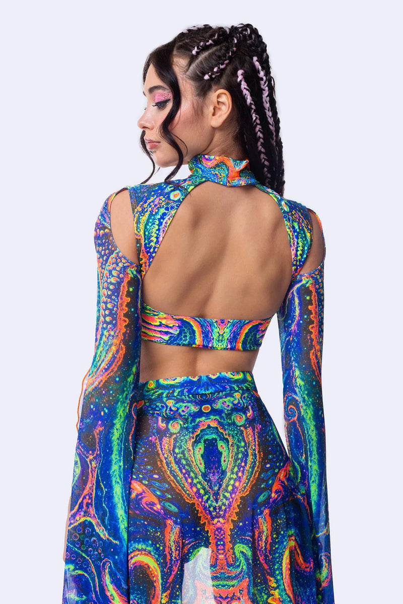 Electric Empress Psychedelic Festival Set | Slit-Sleeve Keyhole Crop Top & High-Cut Skirt/Booty Shorts Combo