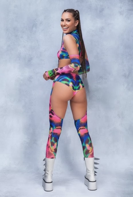 Electric Jungle Cutout Bodysuit Set - Neon Abstract Festival Rave Outfit