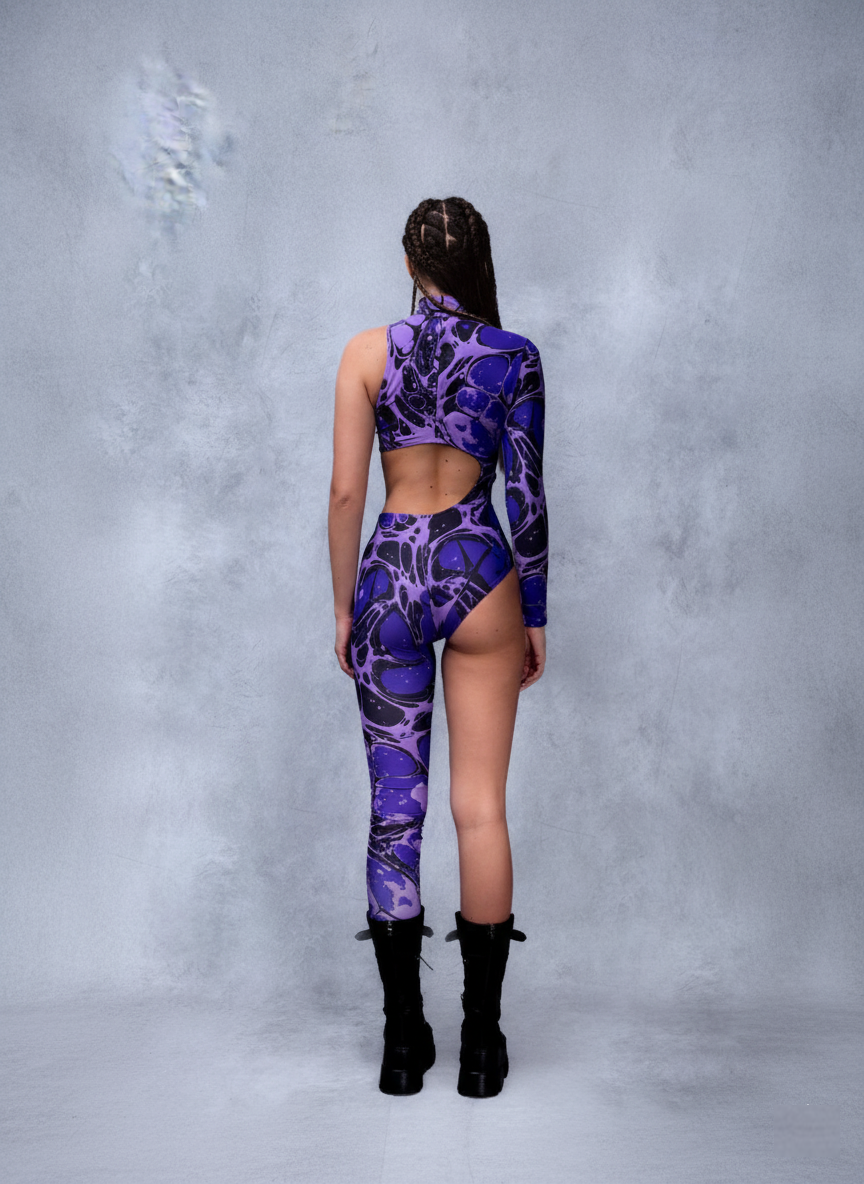Cosmic Aura Cutout Bodysuit – Purple Marble One-Shoulder Festival Piece